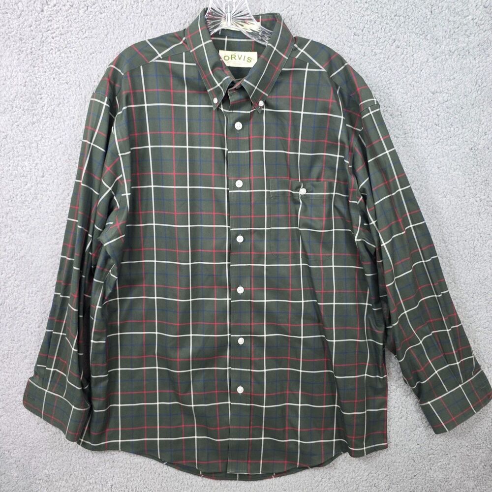 Orvis Men's Green Multi Check Button Down Long Sleeve Cotton Size L